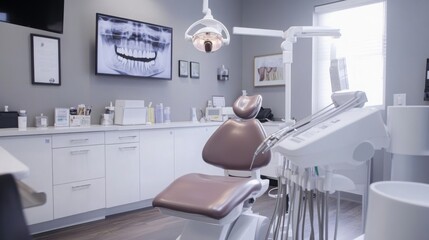 Fototapete - The interior of a contemporary dental clinic features a high-tech dental chair, diagnostic tools, and an x-ray display. This setup emphasizes comfort and cutting-edge care for patients visiting.