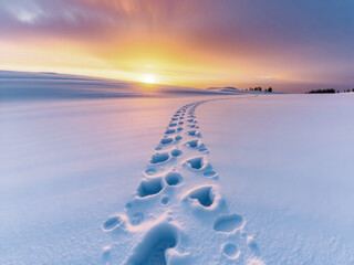 Wall Mural - A path of footprints is visible in the snow, leading to a distant hill. The sky is a mix of orange and blue hues, creating a serene and peaceful atmosphere