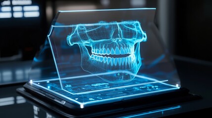 Poster - A futuristic display showcases a 3D holographic model of a human skull, emphasizing dental structures. This digital representation highlights the potential of technology in modern dentistry.