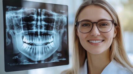 Fototapete - A dentist showcases the integration of artificial intelligence in dental practices while smiling next to a dental x-ray. The setting reflects modern advancements in oral health technologies.