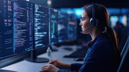 Wall Mural - woman in headset working on multiple computer screens with code in dark office environment