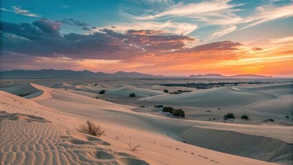 Wall Mural - stunning sunset illuminating rolling sand dunes in a desert landscape, with distant mountains and sp