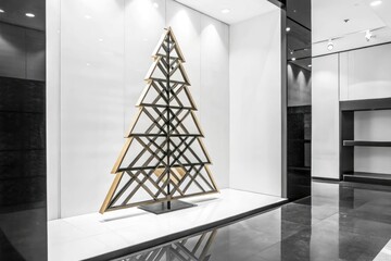 Sticker - Geometric Tree Sculpture in Shimmering Gold Tones Adorns Modern Interior Space. Generative AI