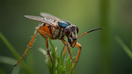 Wall Mural - Close-up of a colorful wasp on grass.