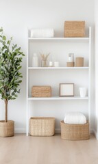 Wall Mural - Modern Minimalist Shelving Unit with Natural Decor and Stylish Storage Baskets in Bright Room