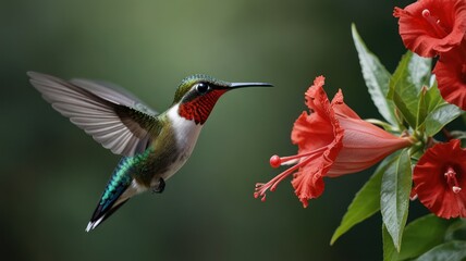 Wall Mural - Ruby-throated hummingbird hovering near red flower.