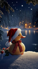 Wall Mural - Little yellow duckling sitting in a Santa Claus hat near a Christmas pond