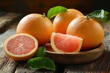 Wall Mural - Cut and whole fresh ripe grapefruits on wooden table 