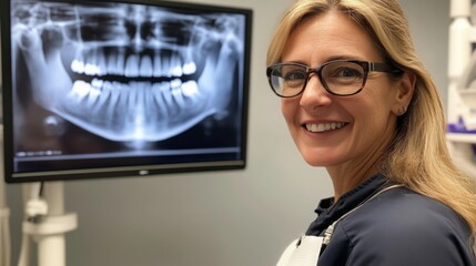 Poster - A dental professional smiles while analyzing an X-ray displayed on a screen in a modern dental clinic.