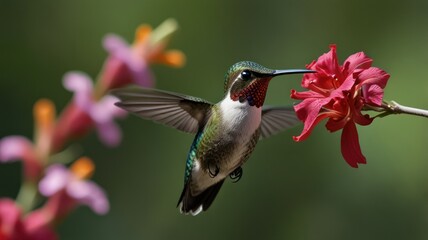 Wall Mural - Hummingbird in flight feeding on red flower.