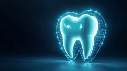 Poster - A glowing digital tooth model represents cutting-edge dentistry technology dedicated to improving dental protection and patient care.