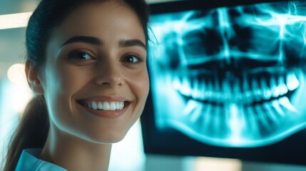 Fototapete - A dentist with a bright smile stands in front of a large digital x-ray display in a contemporary dental clinic. The x-ray reveals well-aligned teeth, emphasizing advanced dental practices.