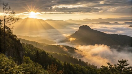 Wall Mural - golden sunrise illuminates majestic mountain peaks and valleys covered with a blanket of fog, creati