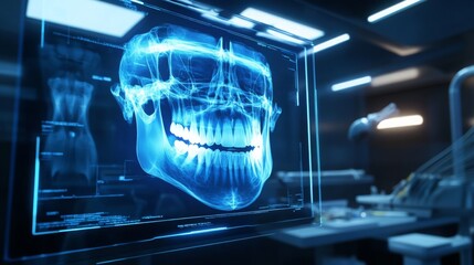 Fototapete - A state-of-the-art dental clinic features an AI-driven digital imaging system displaying a detailed 3D model of a skull.