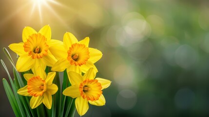 Wall Mural - Bright daffodil blooms shine in the sun, creating a stunning display against a soft, blurred backdrop, perfect for spring vibes.