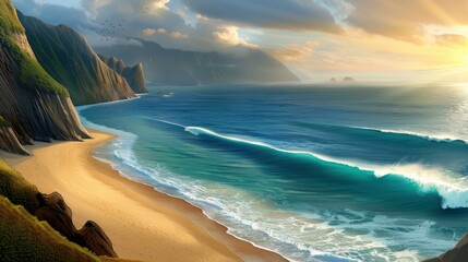 Wall Mural - Enjoy stunning coastal views with rocky cliffs, vibrant sunsets, and the soothing sound of ocean waves at this perfect summer getaway.