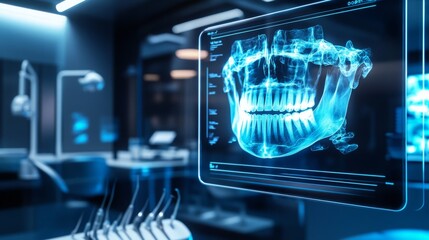 Fototapete - Advanced ai technology is showcased in a dental office, highlighting a digital display of a patient's jaw structure. This modern approach enhances diagnostics and treatment planning effectively.