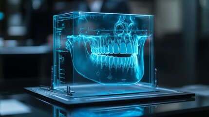 Fototapete - A digital dental model displays a 3D representation of a skull with teeth, highlighting advanced imaging technology in a contemporary dental clinic.