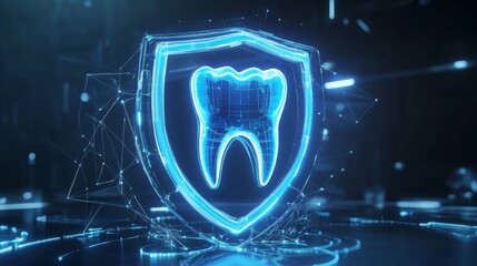 Aufkleber - This graphic showcases a digital shield featuring a tooth icon, representing advancements in artificial intelligence aimed at enhancing patient protection and promoting oral health in dentistry.