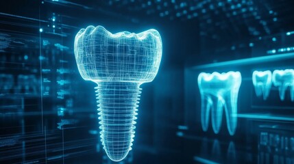 Fototapete - A futuristic representation of a dental implant is displayed in a digital setting, highlighting innovations in dentistry technology. This 3D visualization signifies the evolution of dental practices.
