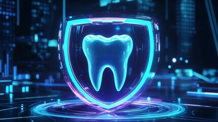 Poster - A glowing tooth within a digital shield represents dental protection, highlighting AI's role in enhancing patient care and safety in a futuristic setting.