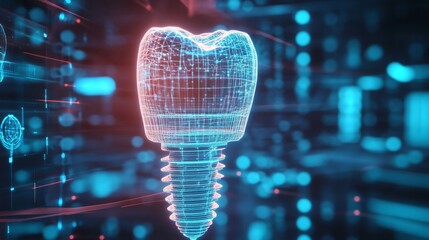 Fototapete - A digital representation of a dental implant showcases cutting-edge AI technology in dentistry. This futuristic visualization exemplifies advancements in dental procedures and patient treatment.