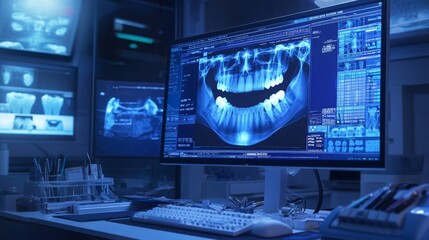 Fototapete - A modern dental clinic environment features a large monitor displaying detailed dental X-rays.