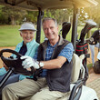 © peopleimages.com - Couple, senior and drive golf cart for sport, fun and recreation with weekend, bonding and outdoor. Old people, happy and portrait on course for game, practice and club competition with retirement