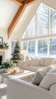 © LifeMedia - A spacious and airy living room featuring large windows with abundant natural sunlight and a tastefully decorated Christmas tree, embodying modern elegance and festive spirit.