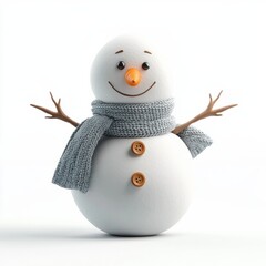 Wall Mural - 3D rendering of a minimalistic snowman figure with a carrot nose and a scarf, placed on a white background realistic