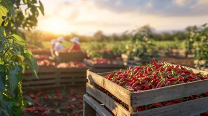 Wall Mural - A sunset over a chili pepper farm with harvesters in the background.