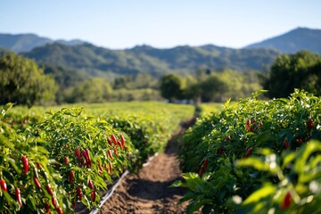 Wall Mural - Vibrant chili pepper field with mountains in the background.