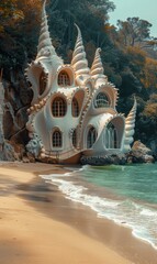 Wall Mural - Seashell house on a sandy beach. AI.