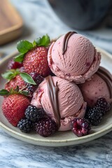 Wall Mural - A delightful dessert plate featuring pink ice cream scoops with berries and chocolate drizzle.