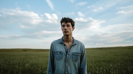 Man in a blue shirt stands in a field