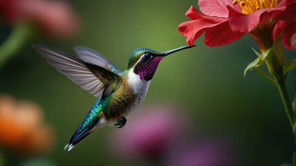 Wall Mural - Hummingbird feeding from a red flower in flight.