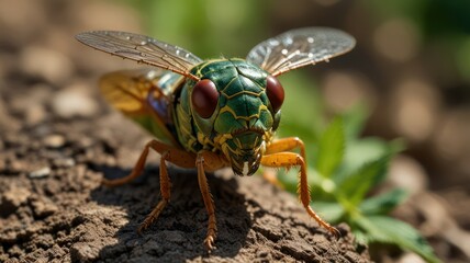 Wall Mural - Close-up of a vibrant green and orange insect on soil.