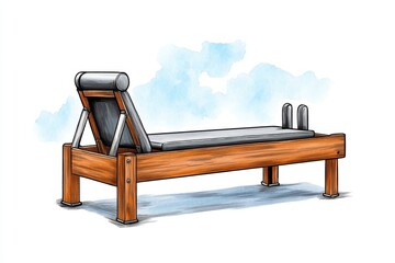 Aufkleber - A simple and elegant depiction of a Pilates reformer machine, drawn with clean lines and soft pastel accents on a white background