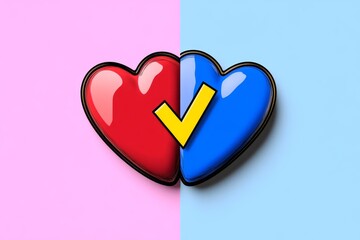Poster - A simple icon of a heart with a checkmark inside it, representing self-approval and self-esteem in clean lines and pastel colors