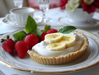 Wall Mural - A delicious dessert featuring a banana cream pie with strawberries and mint on a fine plate.