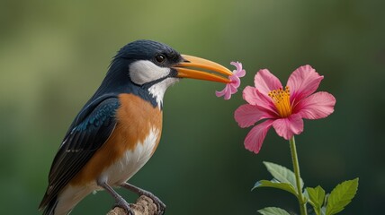 Wall Mural - Colorful bird with orange beak near pink flower.