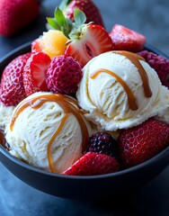 Wall Mural - A delicious bowl of ice cream topped with fresh fruits and caramel drizzle.