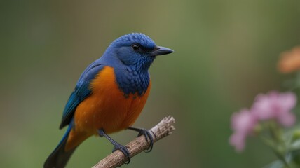 Wall Mural - Vivid blue and orange bird perched on a branch.