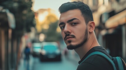 Man with a beard and a backpack is standing on a street