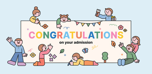 Wall Mural - Cute children are all drawing congratulatory messages on a large banner. Cuttiny character with outline.