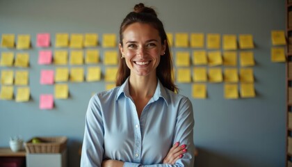 Poster - Confident businesswoman stands in office with arms crossed. Sticky notes cover wall behind. Woman smiles confidently. Scene suggests planning, creative work. Possibilities include brainstorming