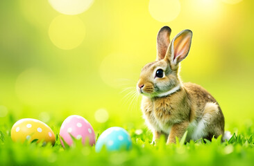 Wall Mural - happy easter defocused background with bunny and eggs on the green grass