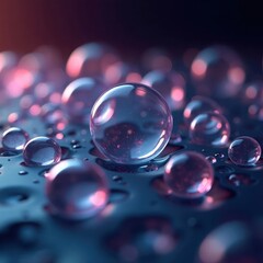 Aufkleber - Abstract 3D spheres with various sizes in soft shades of pink, blue. Seem to float on dark surface. Bubbles reflect light creating ethereal glow. Visual evokes futuristic, digital art aesthetic.