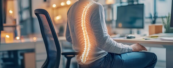 Wall Mural - pain, office ergonomics concept. person sitting with highlighted spine in office setting