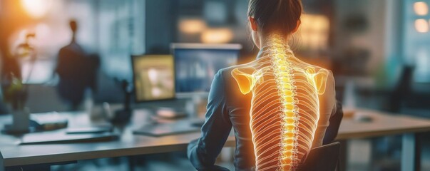 Wall Mural - pain, office ergonomics concept. person sitting with highlighted spine in office setting